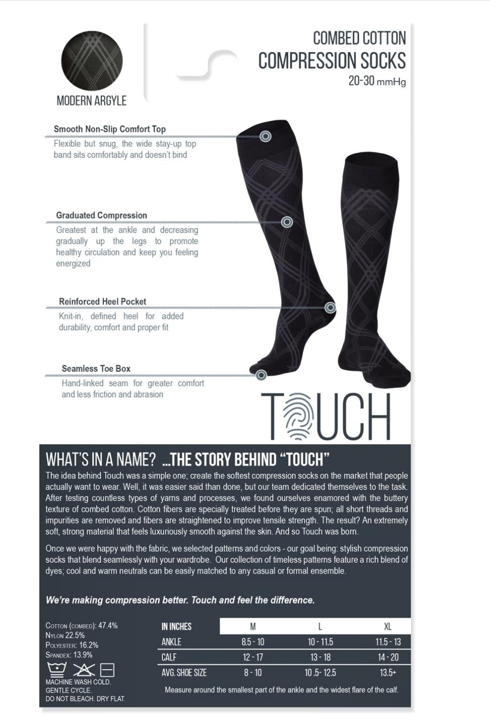 TOUCH Men's Compression Dress Socks, 20-30 mmHg, Graduated Support, Knee High Trouser Style Business Casual Wear, Black Argyle