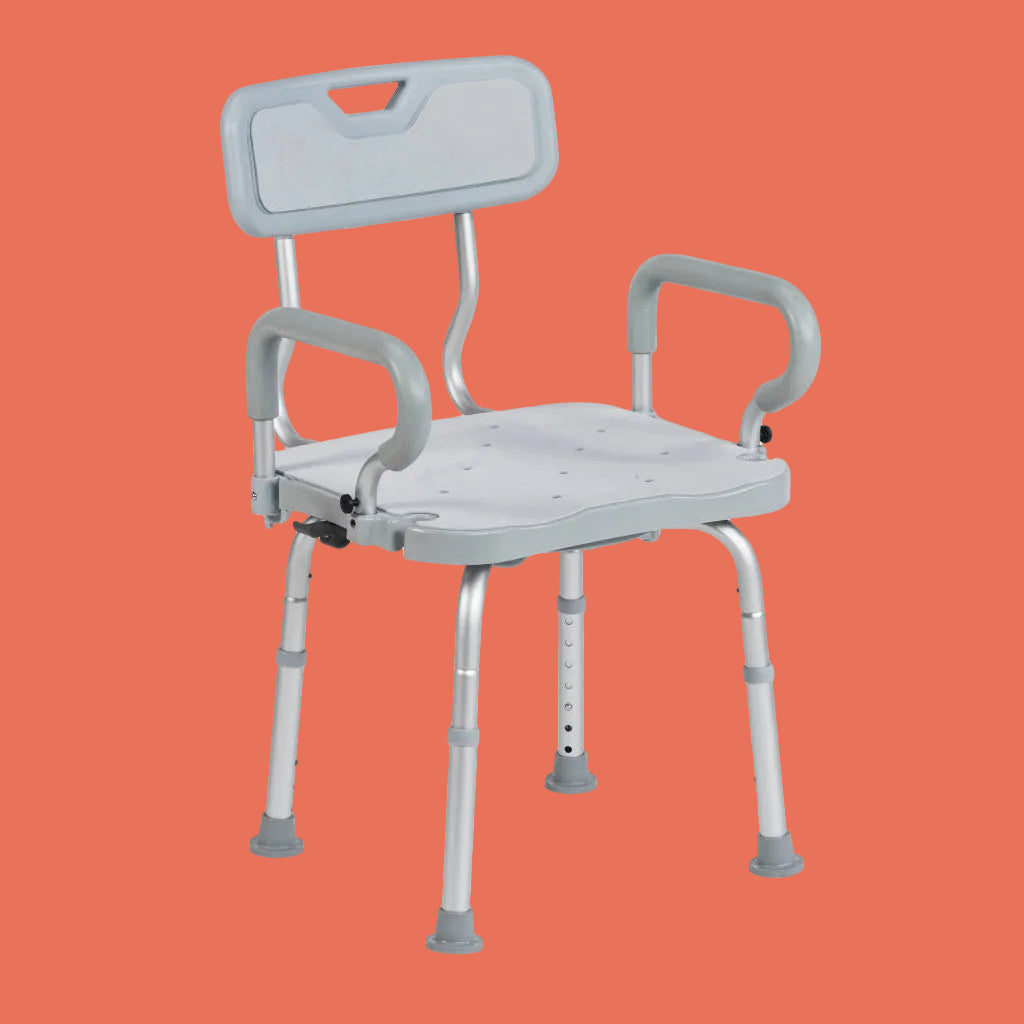 Gray bathroom chair with backrest and armrests on a white background