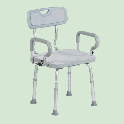 Gray bathroom chair with backrest and armrests on a white background