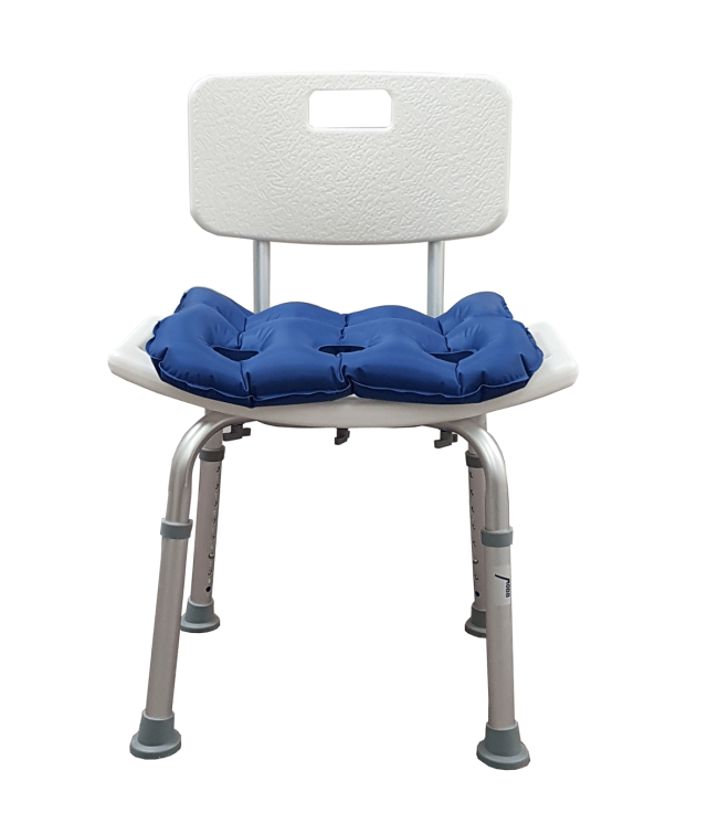 Shower chair with back support designed for seniors and individuals with limited mobility.