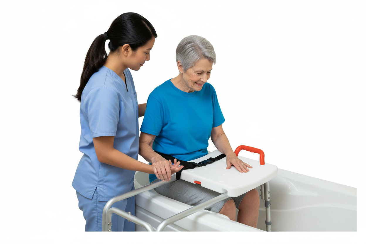 Sliding bath transfer bench designed for safe and easy bathtub transfers.