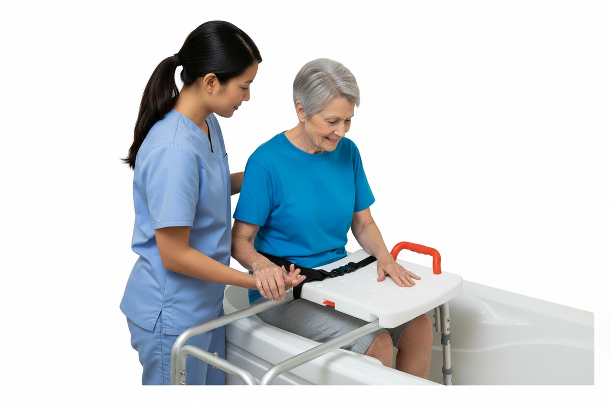 Sliding bath transfer bench designed for safe and easy bathtub transfers.