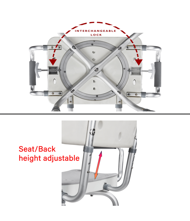 Swivel Shower Chair, Swivel Lock and Height Mechanism Detail