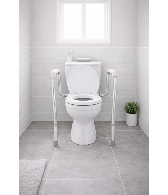 Toilet safety frame with dual grab bars, front view