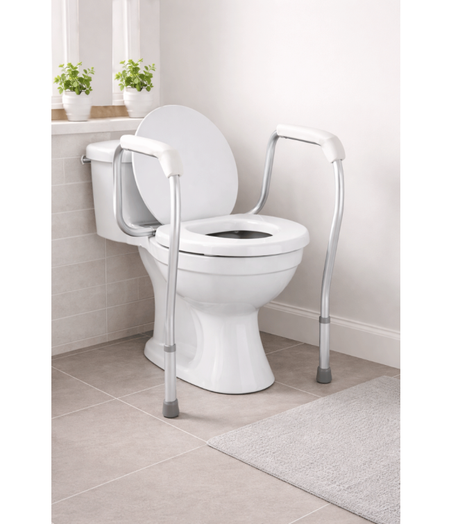 Toilet safety frame with grab bars positioned around toilet