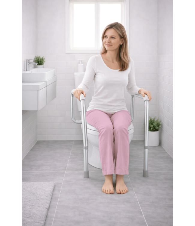 Toilet safety frame shown with a person seated for scale