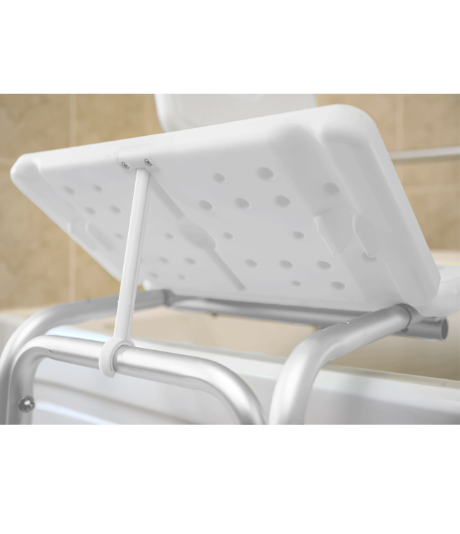 Close-up of transfer bath bench's textured folding seat panel