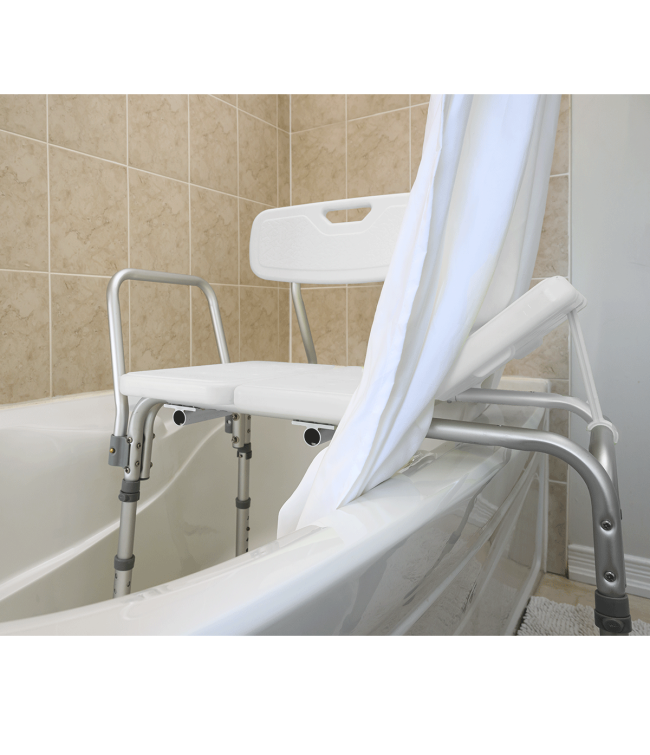 Transfer bath bench straddling tub wall with shower curtain held in place