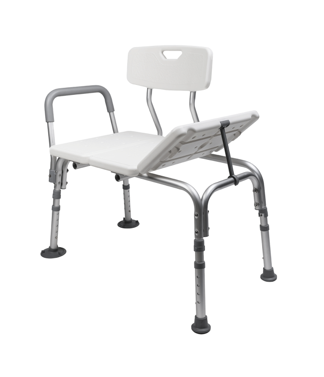 Transfer bath bench with backrest, armrest, and folding seat panel