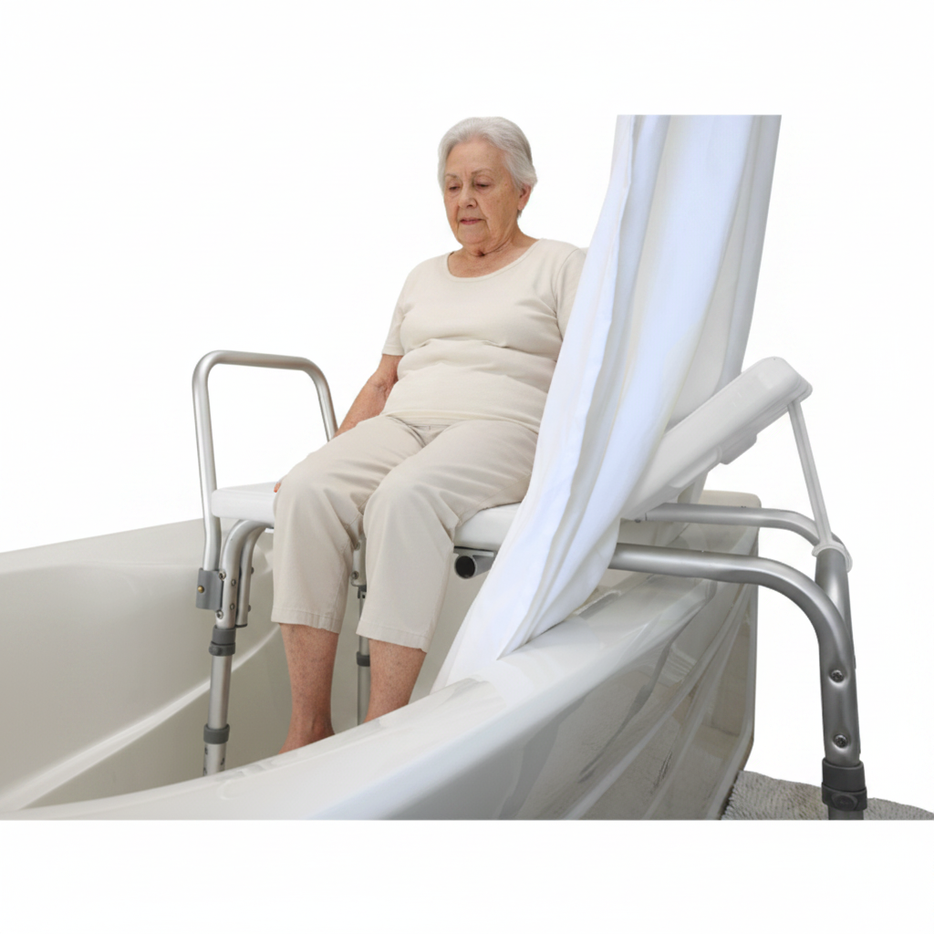 Transfer bath bench with padded seat and curtain control feature