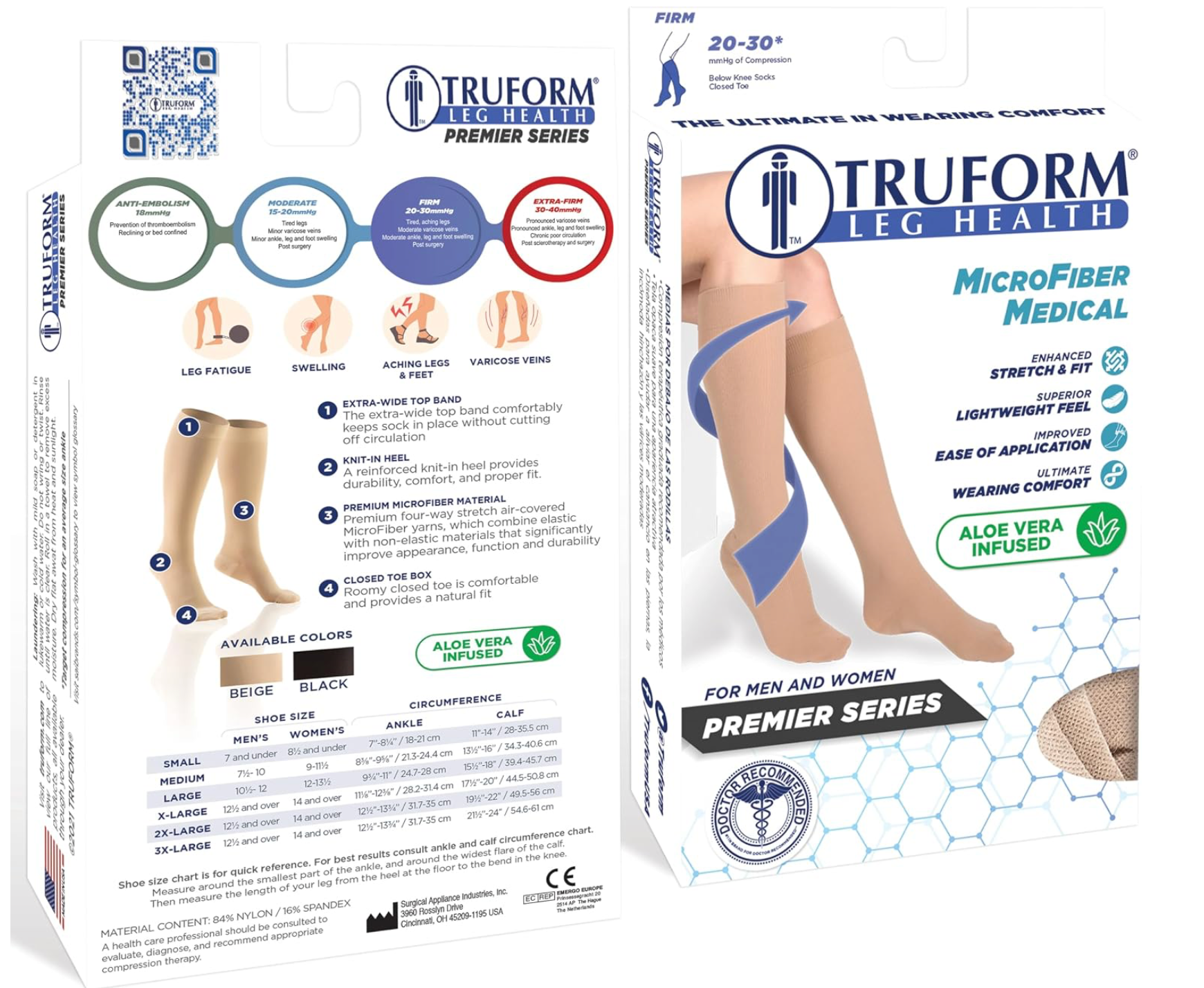 Truform 20-30 mmHg Medical Compression Stockings, Aloe Infused Microfiber, Knee High, Closed Toe