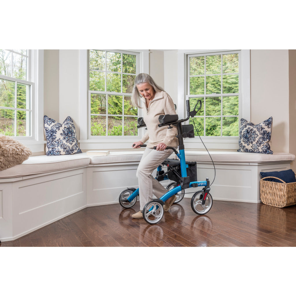 Drive Medical Elevate Upright Walker with Seat and Armrests, Standing Rollator with 10 Inch Wheels, Folding Standup Walker for Seniors, Upright Rollator, Tall Forearm Walker for Erect Posture