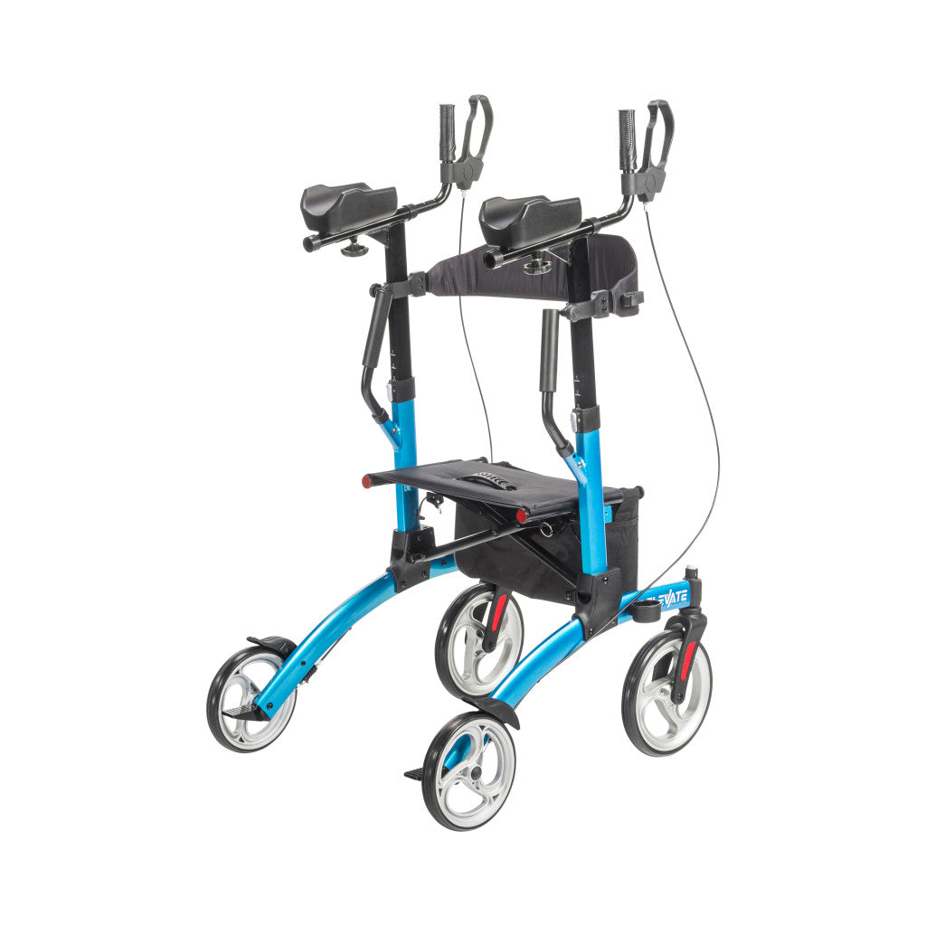 Drive Medical Elevate Upright Walker with Seat and Armrests, Standing Rollator with 10 Inch Wheels, Folding Standup Walker for Seniors, Upright Rollator, Tall Forearm Walker for Erect Posture