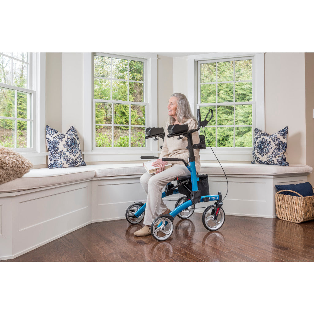 Drive Medical Elevate Upright Walker with Seat and Armrests, Standing Rollator with 10 Inch Wheels, Folding Standup Walker for Seniors, Upright Rollator, Tall Forearm Walker for Erect Posture