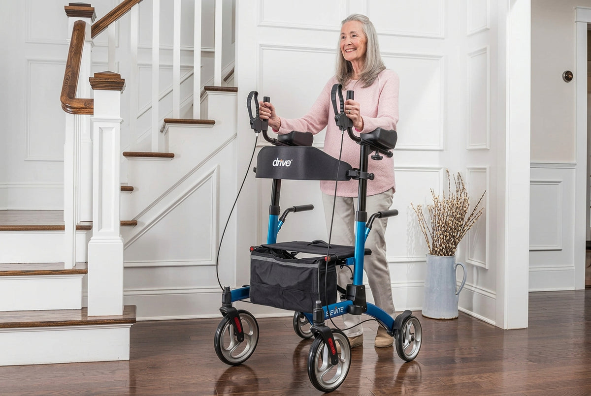 Drive Medical Elevate Upright Walker with Seat and Armrests, Standing Rollator with 10 Inch Wheels, Folding Standup Walker for Seniors, Upright Rollator, Tall Forearm Walker for Erect Posture