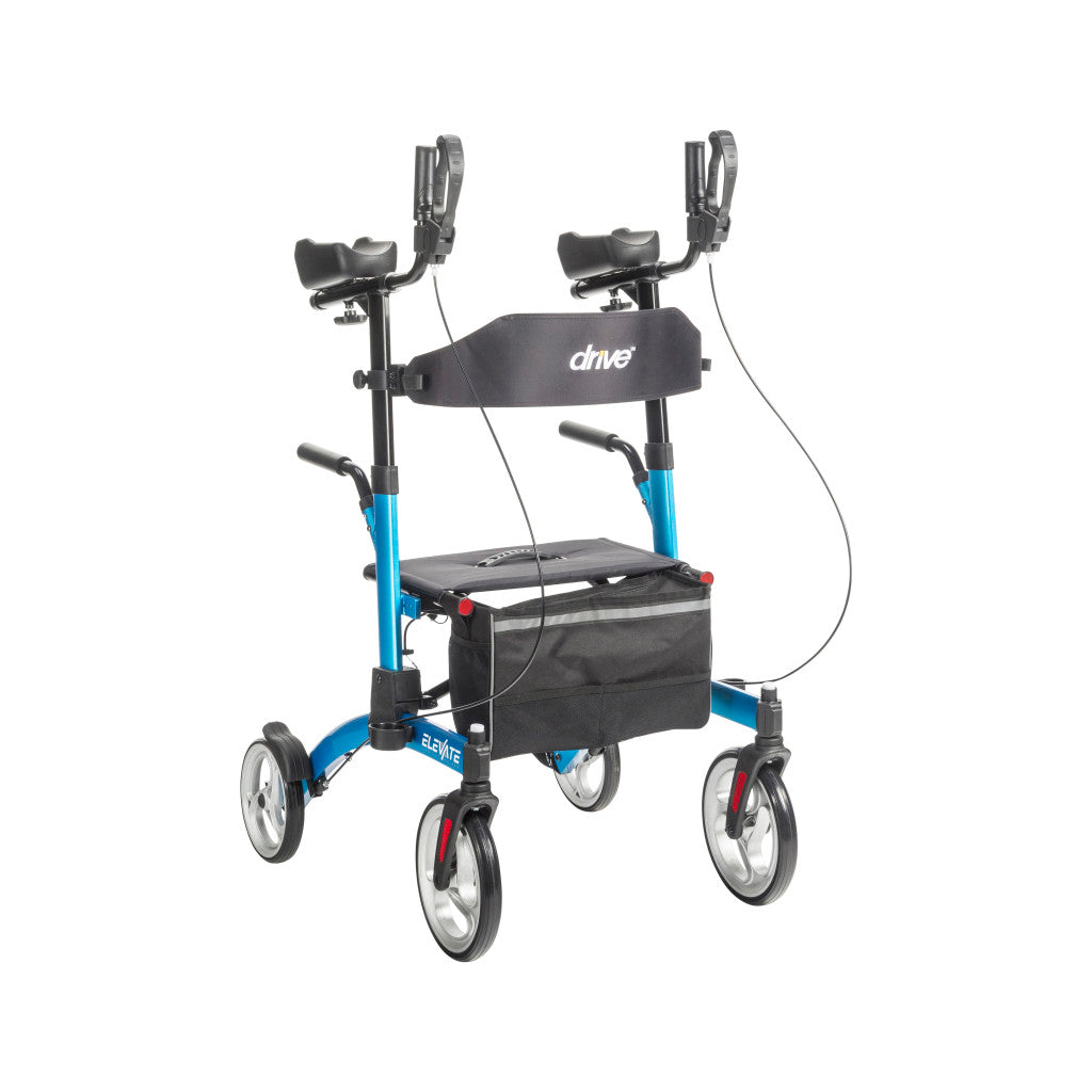 Drive Medical Elevate Upright Walker with Seat and Armrests, Standing Rollator with 10 Inch Wheels, Folding Standup Walker for Seniors, Upright Rollator, Tall Forearm Walker for Erect Posture
