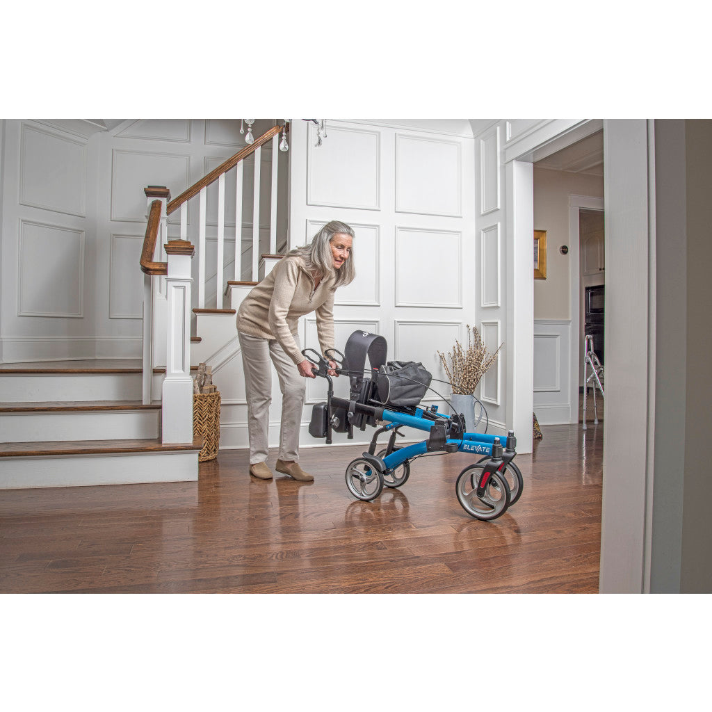 Drive Medical Elevate Upright Walker with Seat and Armrests, Standing Rollator with 10 Inch Wheels, Folding Standup Walker for Seniors, Upright Rollator, Tall Forearm Walker for Erect Posture