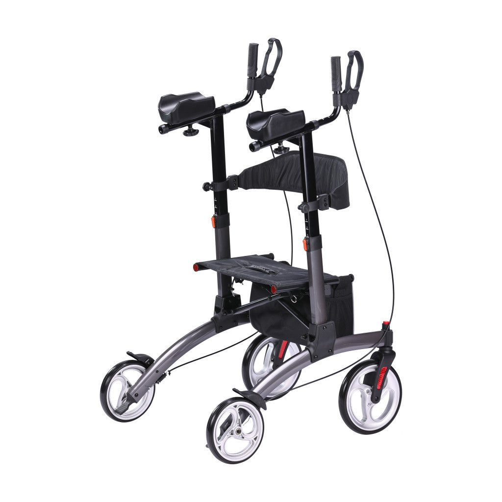 Drive Medical Elevate Upright Walker with Seat and Armrests, Standing Rollator with 10 Inch Wheels, Folding Standup Walker for Seniors, Upright Rollator, Tall Forearm Walker for Erect Posture