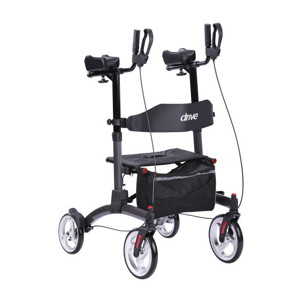 Drive Medical Elevate Upright Walker with Seat and Armrests, Standing Rollator with 10 Inch Wheels, Folding Standup Walker for Seniors, Upright Rollator, Tall Forearm Walker for Erect Posture