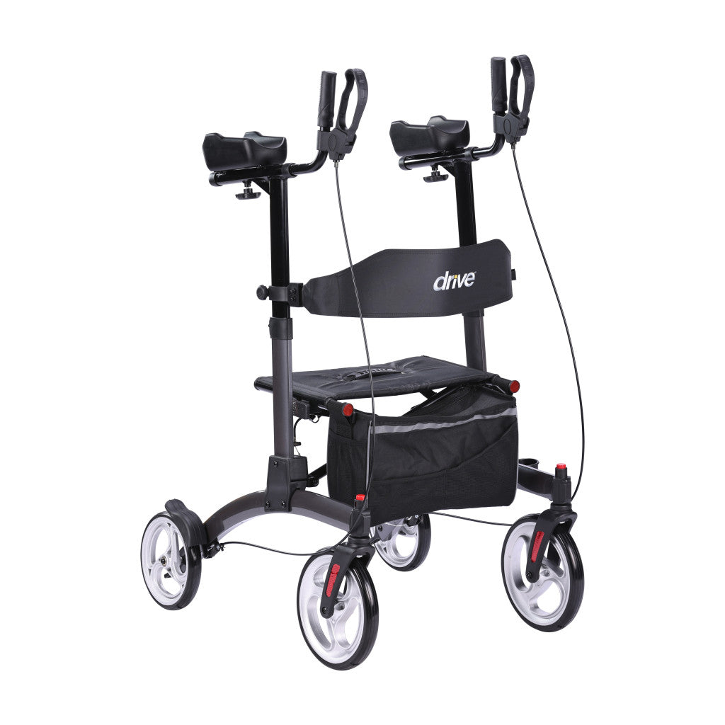 Drive Medical Elevate Upright Walker with Seat and Armrests, Standing Rollator with 10 Inch Wheels, Folding Standup Walker for Seniors, Upright Rollator, Tall Forearm Walker for Erect Posture