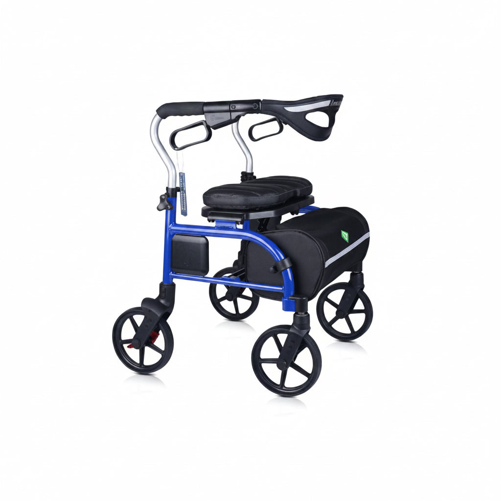 Winnie Trillium 4-wheel rollator walker in Chinatown Blue with padded seat, loop-lock brakes, and under-seat storage bag on white background