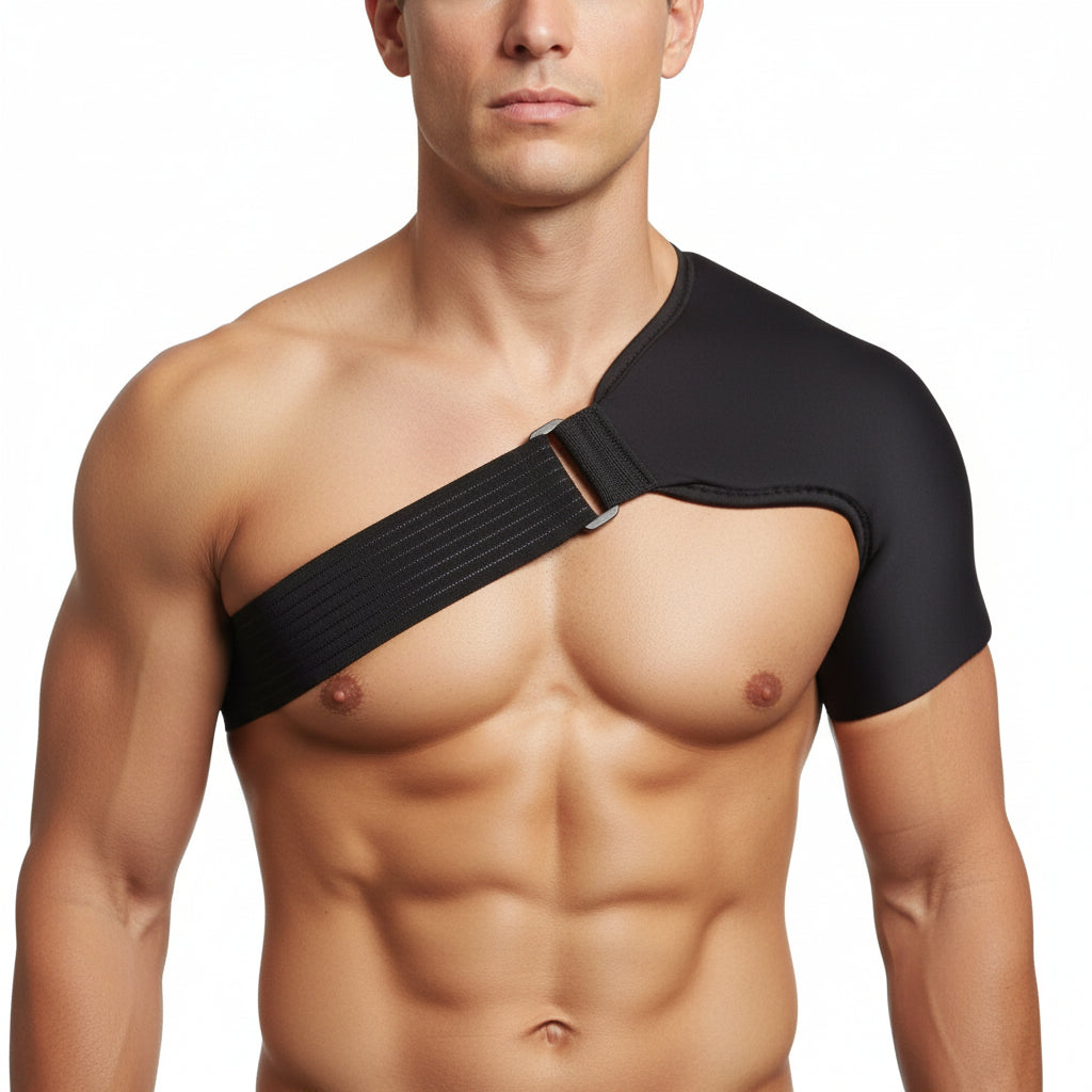 Black neoprene adjustable shoulder support brace with compression strap worn on left shoulder – front view on adult male – Must