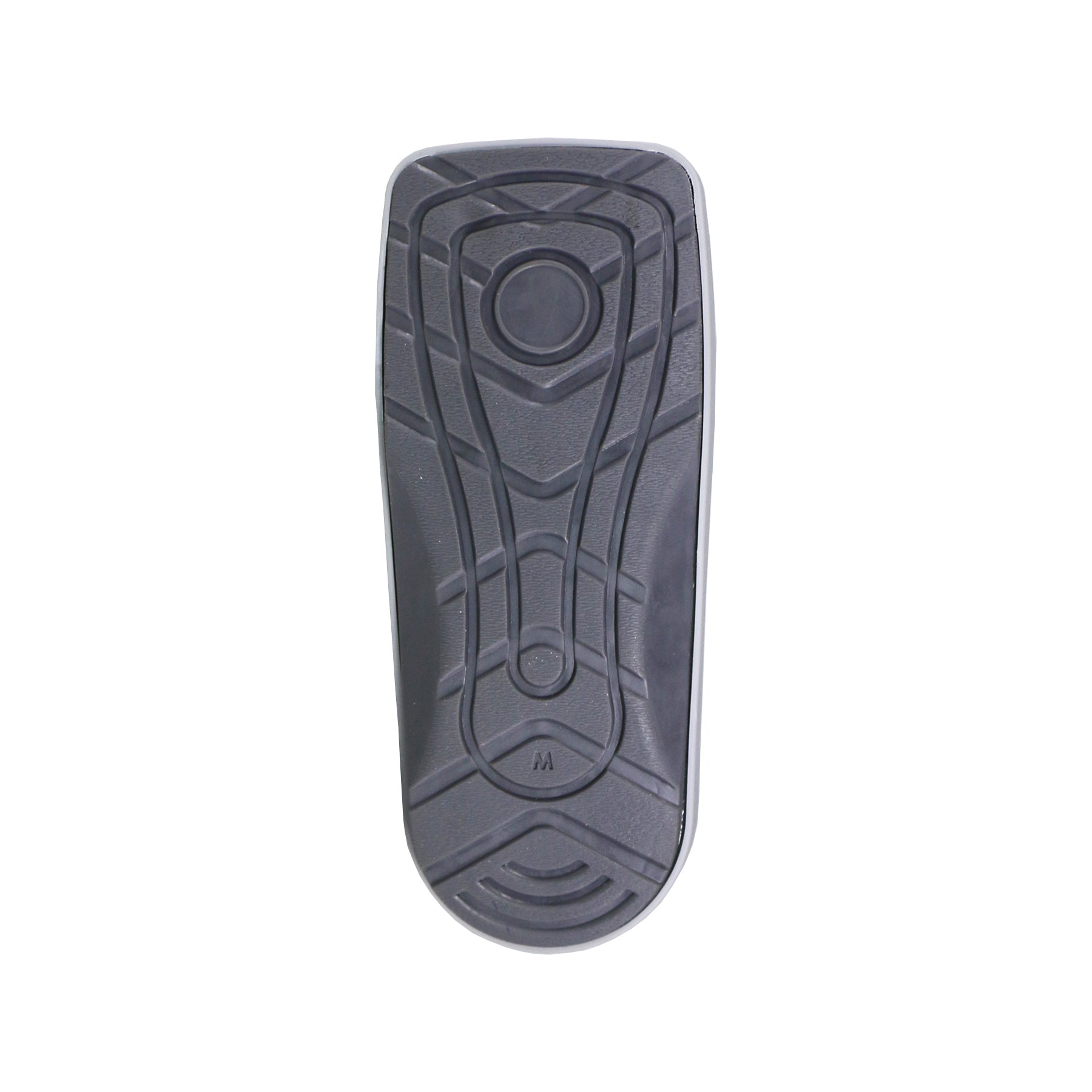 Bottom view of grey air CAM walking boot rocker sole showing contoured rubber tread pattern with heel and forefoot zones, arch channel, and anti-slip grip design for stable walking gait