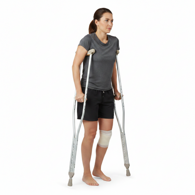 Pair of adjustable aluminum pushbutton crutches with padded underarm supports