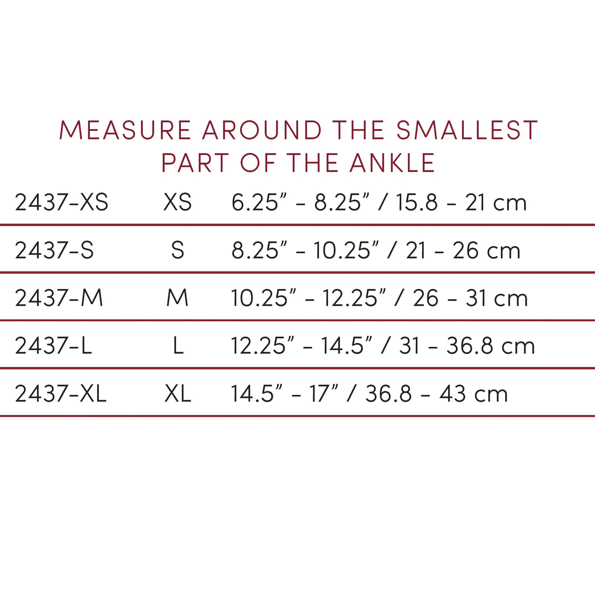 Ankle brace sizing chart showing circumference measurements for sizes XS to XL — measure around the smallest part of the ankle. XS: 15.8–21 cm, S: 21–26 cm, M: 26–31 cm, L: 31–36.8 cm, XL: 36.8–43 cm

