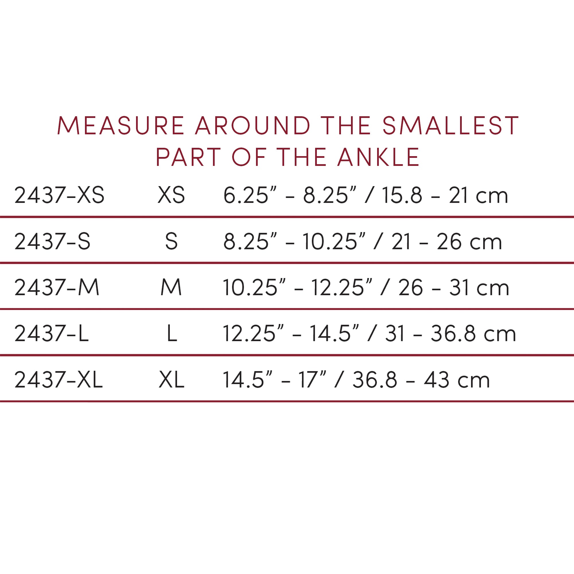 Ankle brace sizing chart showing circumference measurements for sizes XS to XL — measure around the smallest part of the ankle. XS: 15.8–21 cm, S: 21–26 cm, M: 26–31 cm, L: 31–36.8 cm, XL: 36.8–43 cm
