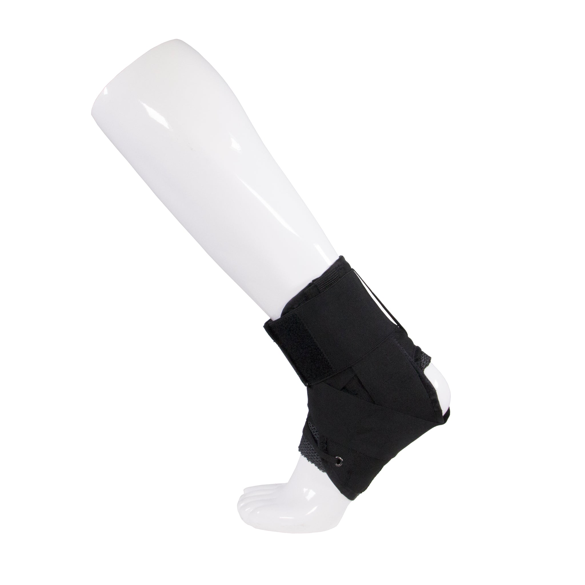 Black ankle brace with open-heel design and velcro closure shown on mannequin leg — rear angled view displaying slim wrap fit, lace detail, and full ankle and lower calf coverage