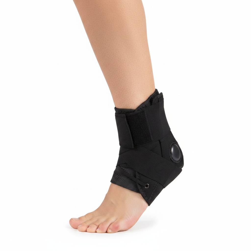 Black ankle brace with adjustable velcro straps, lateral support pad, and breathable mesh panel — worn on foot for stability and compression
