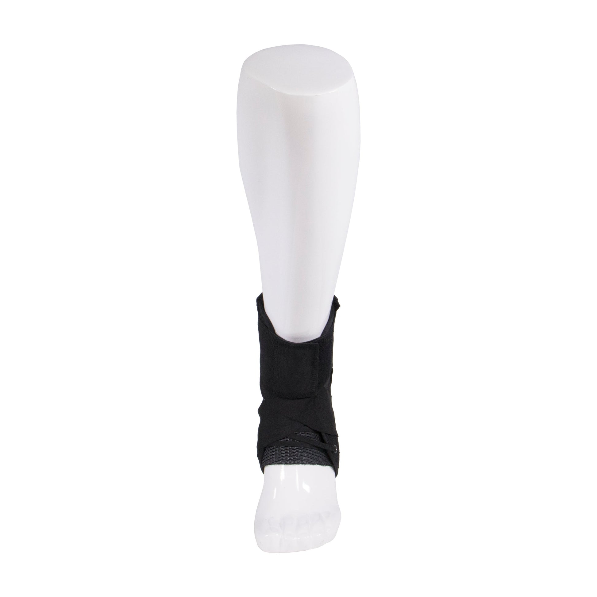 Black ankle brace with velcro closure and breathable mesh panel shown on mannequin leg — front view displaying slim low-profile fit and full ankle wrap coverage