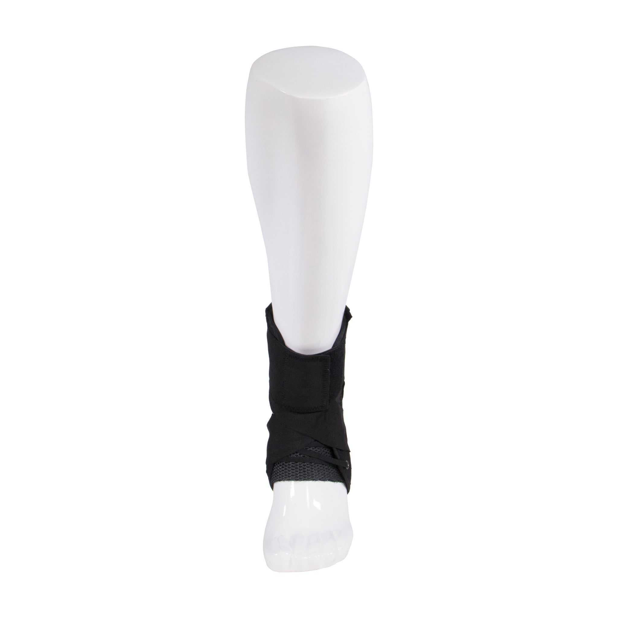 Black ankle brace with velcro closure and breathable mesh panel shown on mannequin leg — front view displaying slim low-profile fit and full ankle wrap coverage