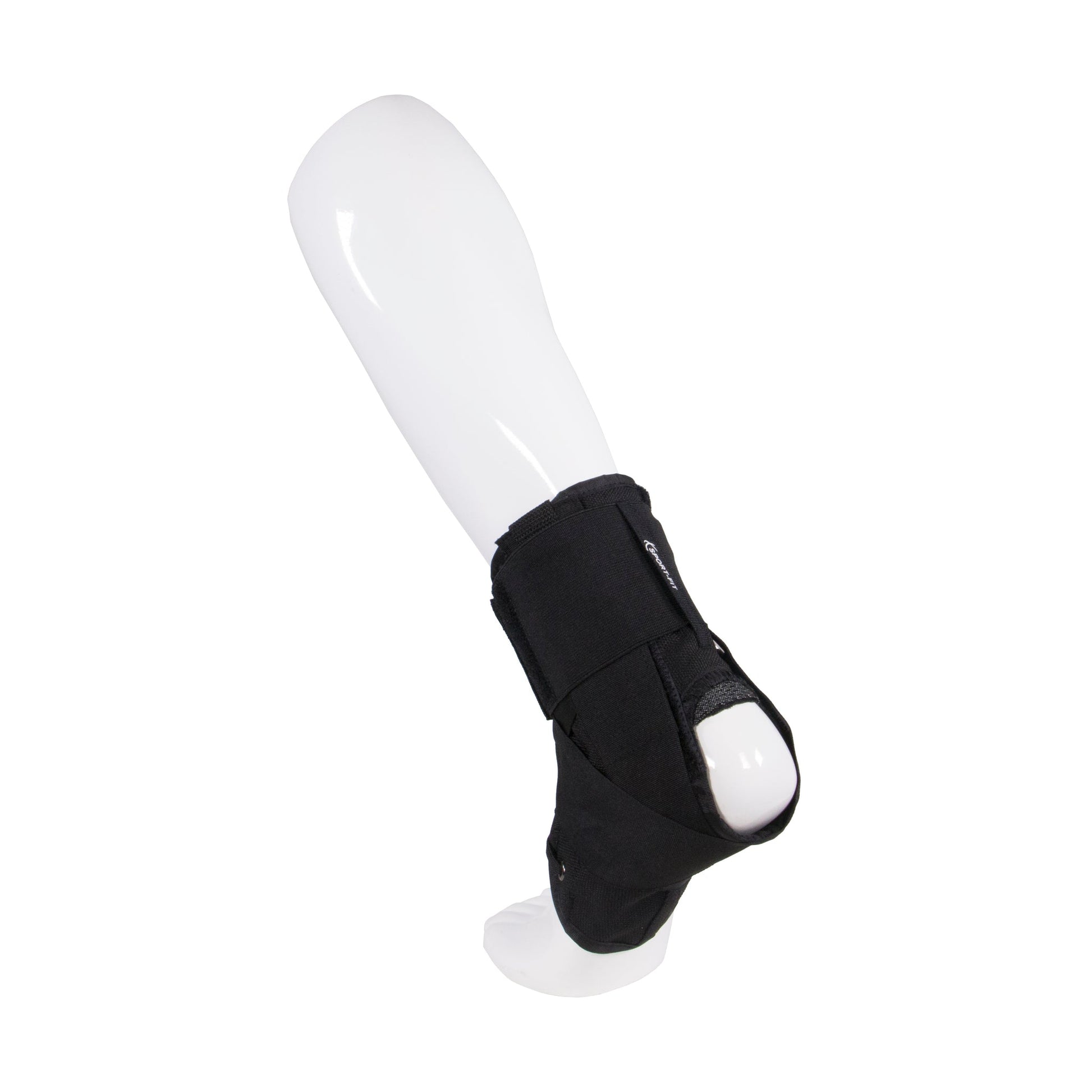 Black ankle brace with velcro straps and open-toe design shown on mannequin leg — side view displaying full wrap coverage and structured support