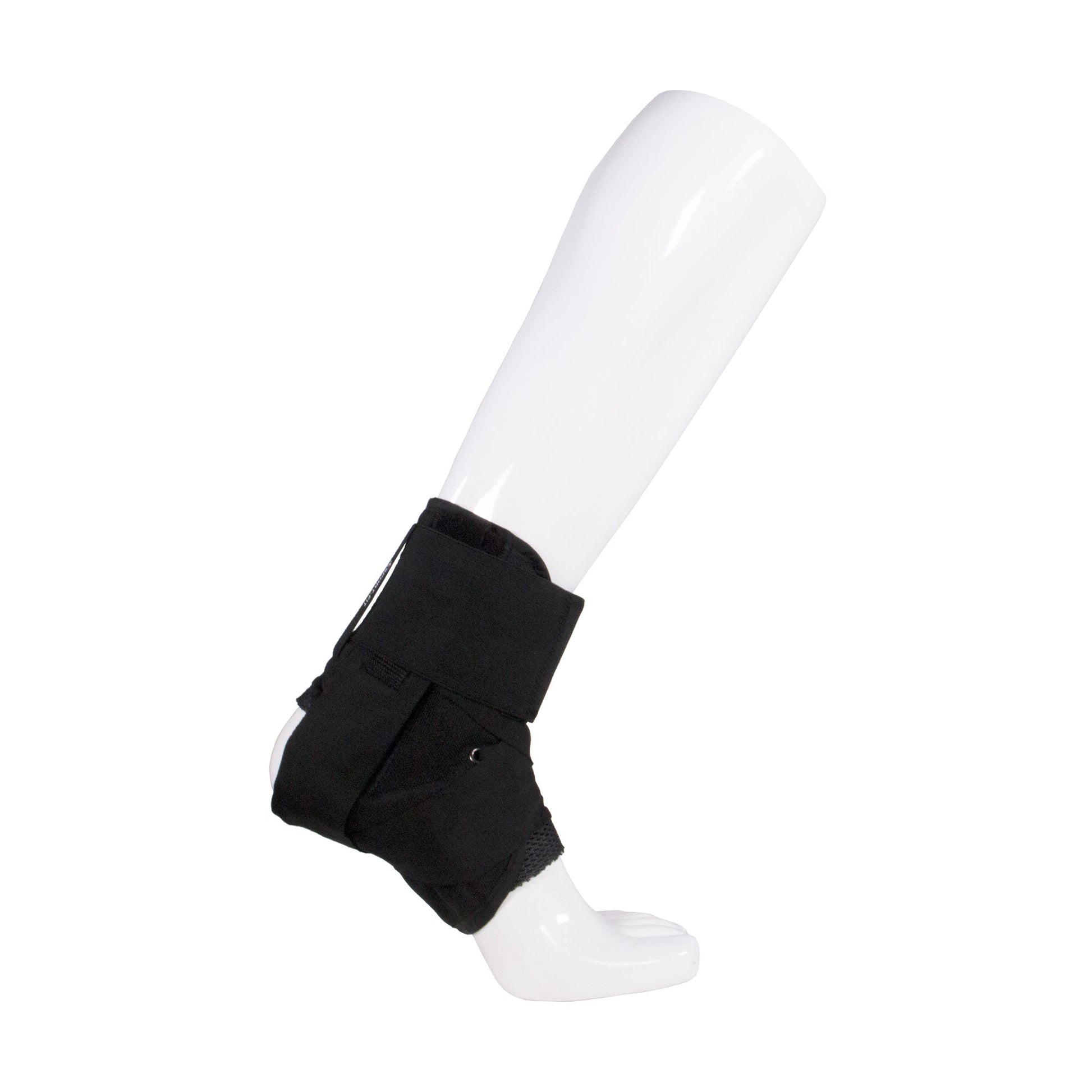 Black ankle stabilizer brace with velcro wrap straps and open-toe design shown on mannequin leg — front angled view showing full ankle coverage and secure fit