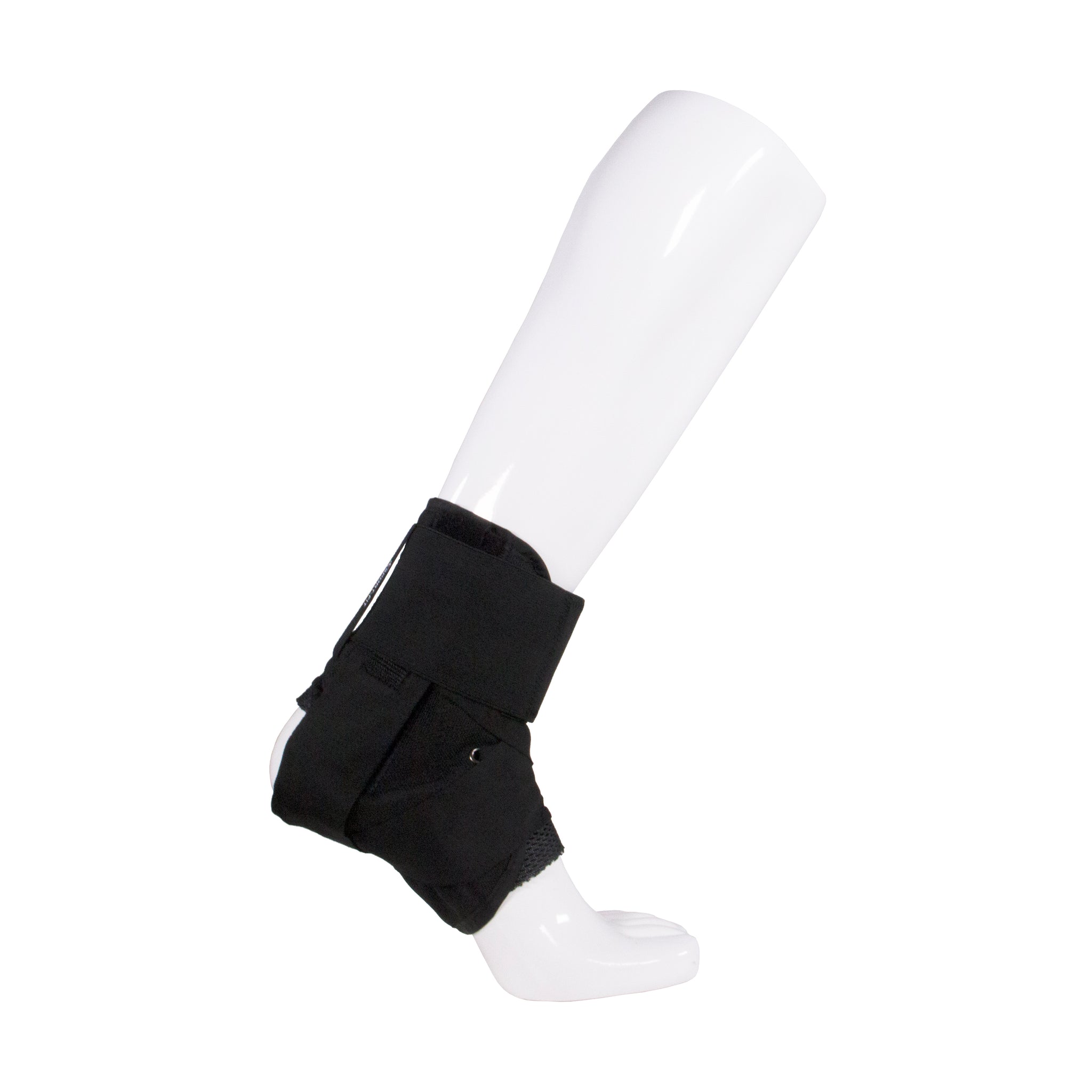Black ankle stabilizer brace with velcro wrap straps and open-toe design shown on mannequin leg — front angled view showing full ankle coverage and secure fit