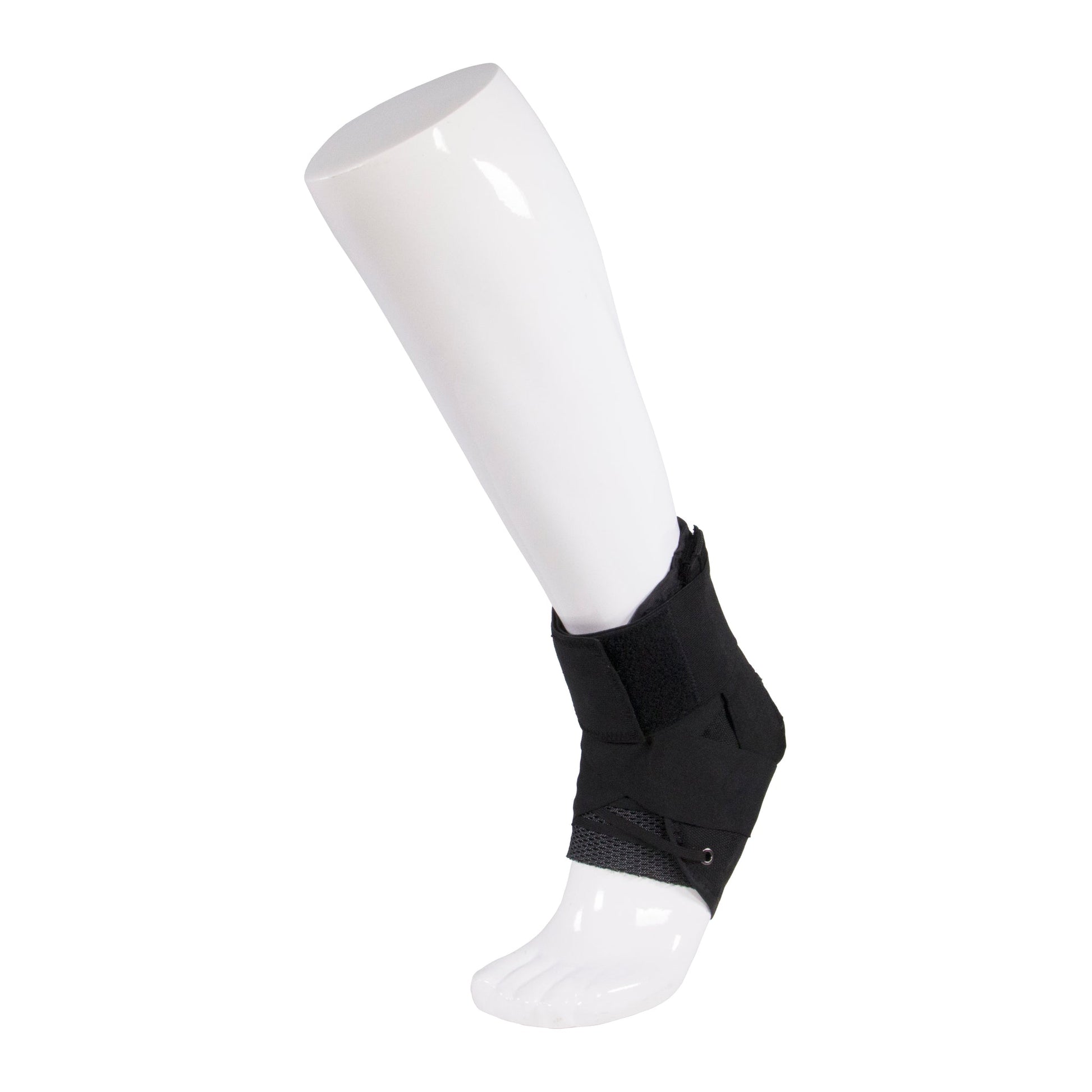 Black lace-up ankle stabilizer with criss-cross strap and open-toe design shown on mannequin leg — side view displaying structured support, adjustable strapping, and low-profile fit inside shoe