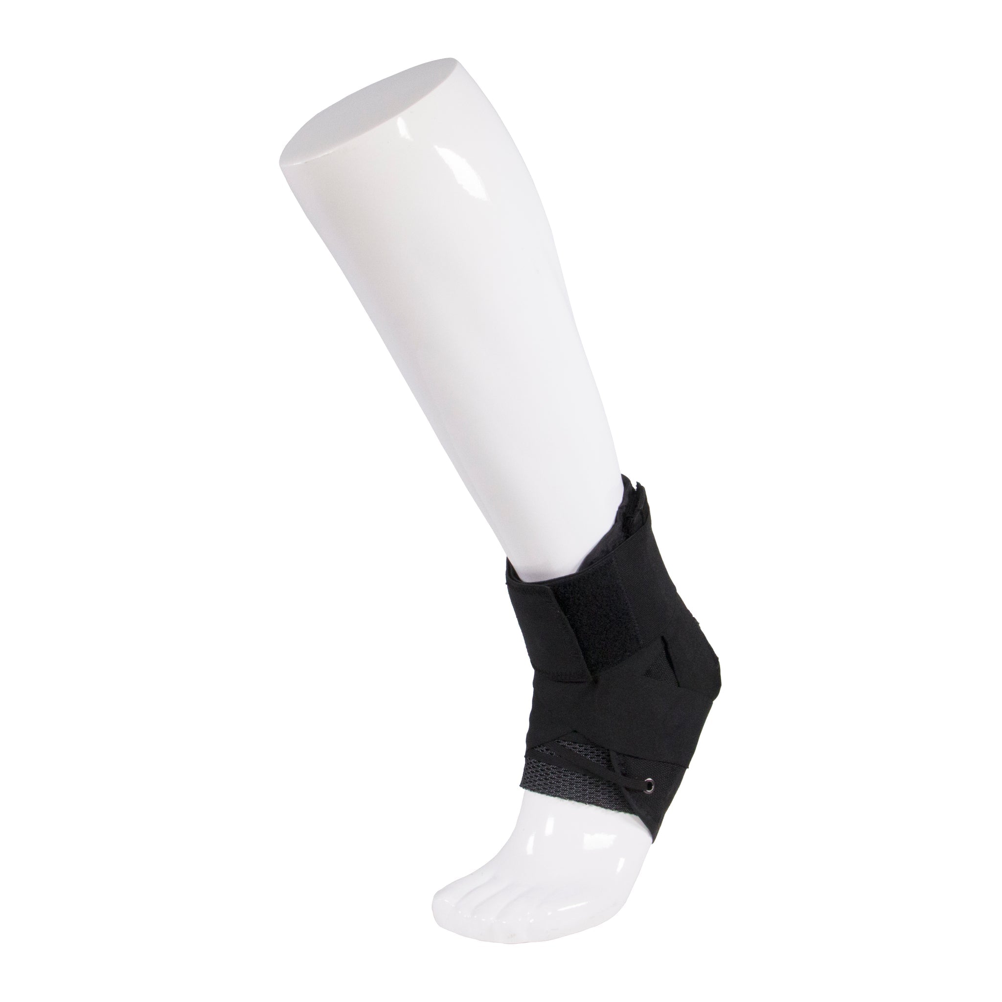 Black lace-up ankle stabilizer with criss-cross strap and open-toe design shown on mannequin leg — side view displaying structured support, adjustable strapping, and low-profile fit inside shoe