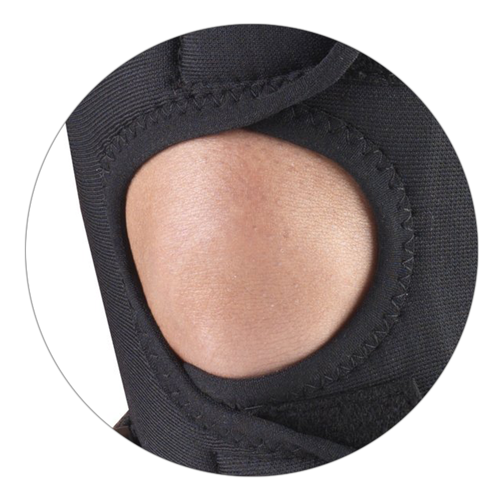 Closeup circular crop of black neoprene knee brace showing open patella cutout with stitched edge binding — detail view of kneecap exposure design for patella tracking support and pressure relief