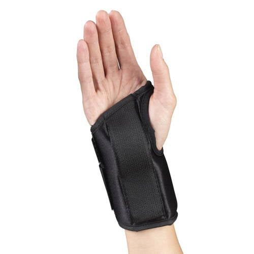 Black 8-inch wrist splint with dual velcro straps and rigid palmar support worn on right hand — front view with open palm and fingers extended showing full wrist and forearm immobilization coverage