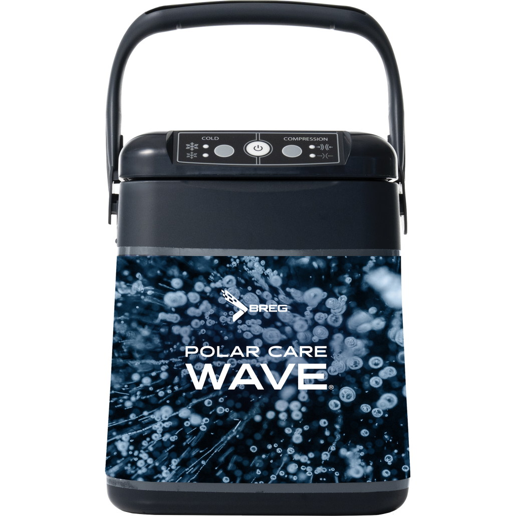 Front view of Breg Polar Care Wave cold and compression therapy unit showing control panel with cold and compression buttons, power button, and carry handle
