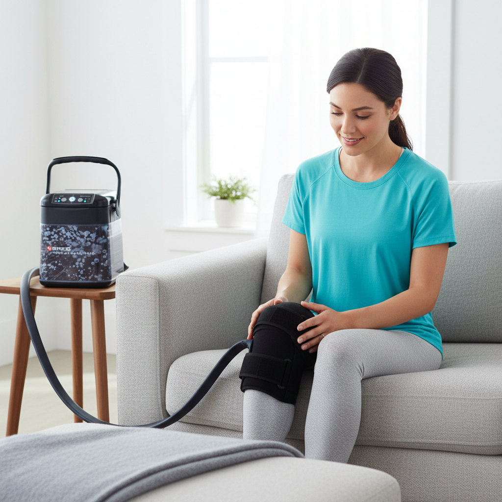 Breg Polar Care Wave cold and compression therapy unit with dual knee wrap pads, tubing, and blue quick-connect connector on white background