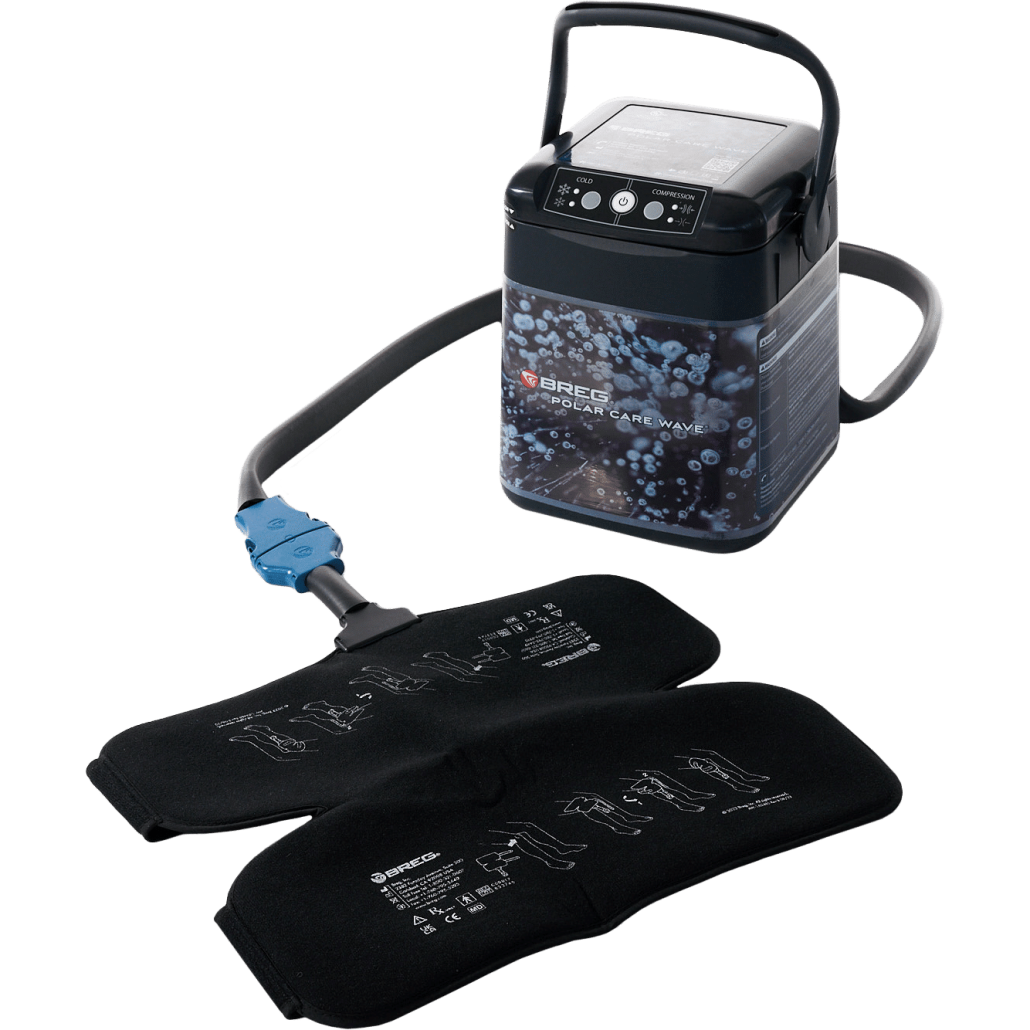 Breg Polar Care Wave cold and compression therapy unit with dual knee wrap pads, tubing, and blue quick-connect connector on white background
