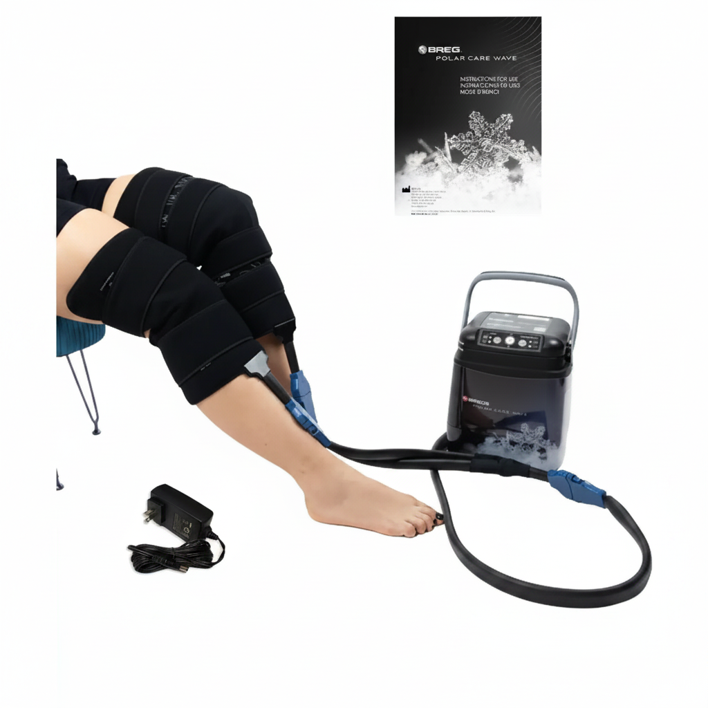 Breg Polar Care Wave cold therapy system shown in use on knee with pump unit, knee wrap pad, tubing, power adapter, and instruction manual