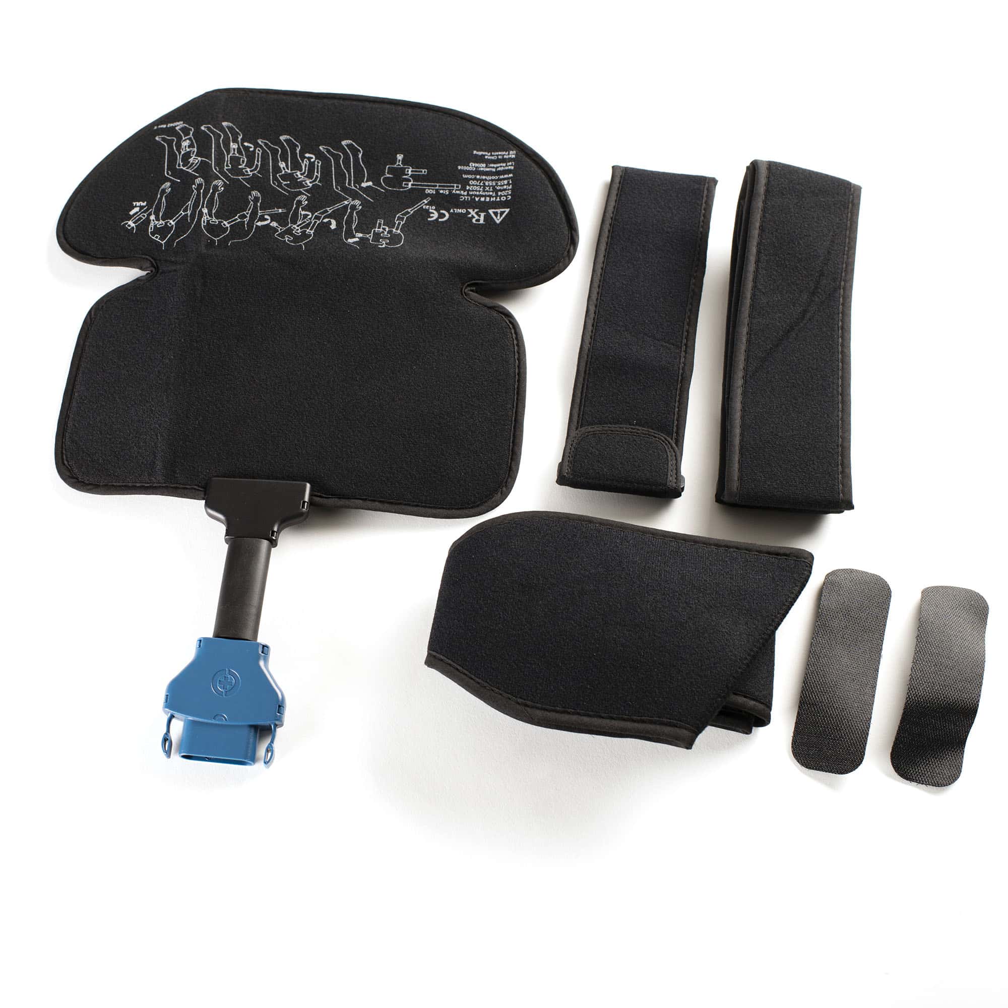 Breg Polar Care Wave shoulder wrap pad with blue quick-connect, secondary wrap pad, velcro straps, and foam pads laid flat on white background
