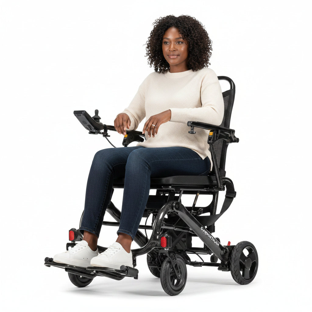 Woman seated in Carbon Touch folding electric wheelchair with joystick controller, mesh backrest, padded seat, footrests, and black lightweight frame — available at Must in Metro Vancouver