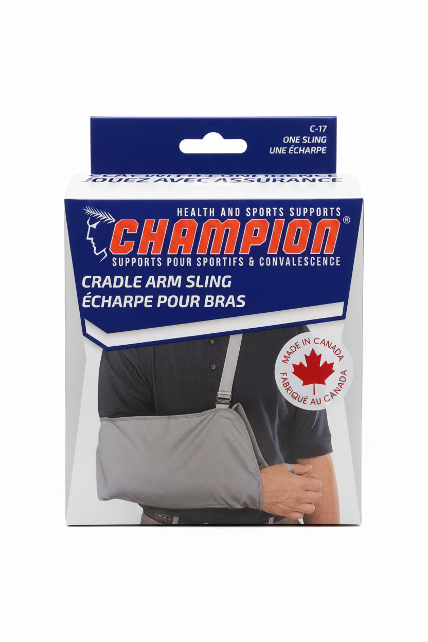 Champion C-17 cradle arm sling packaging – grey fabric, adjustable strap, made in Canada, bilingual English and French – Must