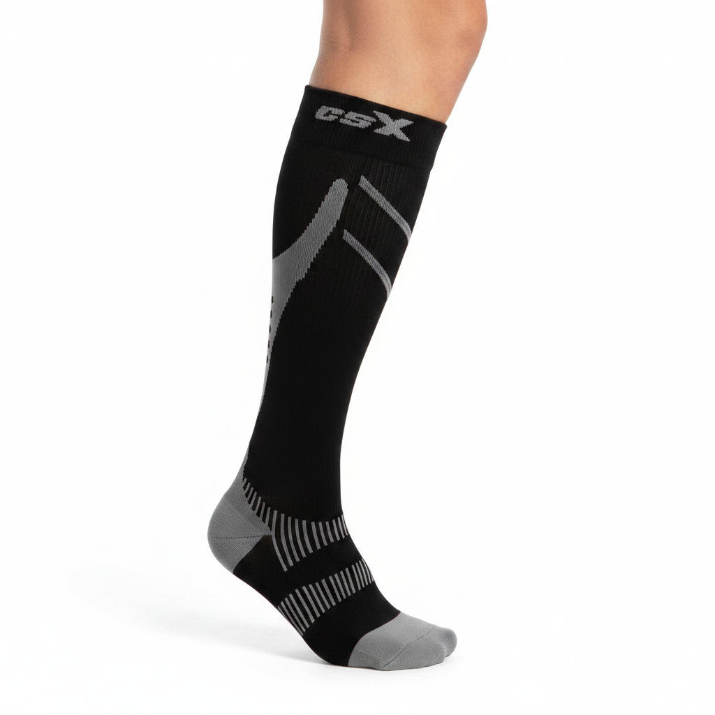 X220SB CSX Compression Sport Socks 20-30 mmHg Silver on Black Graduated Knee High Athletic Compression Socks for Running, Recovery & Circulation