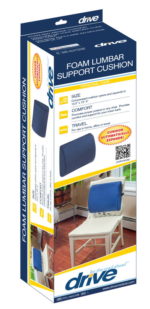 Drive foam lumbar support cushion retail packaging box showing product details, size 13.5" x 13" x 4", for home, office, and travel use